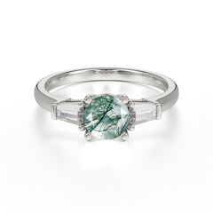 Round Cut Classic Moss Agate Engagement Ring Three Stone Wedding Ring