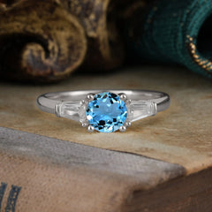 Round Cut Classic Aquamarine Engagement Ring Three Stone Wedding Ring