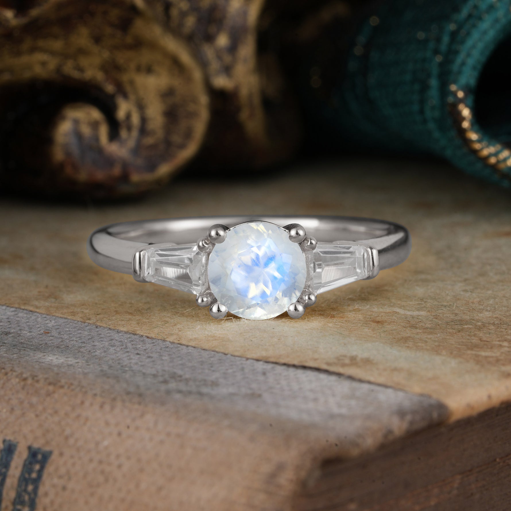 Round Cut Classic Natural Moonstone Engagement Ring Three Stone Engagement Ring - Romalar Jewelry