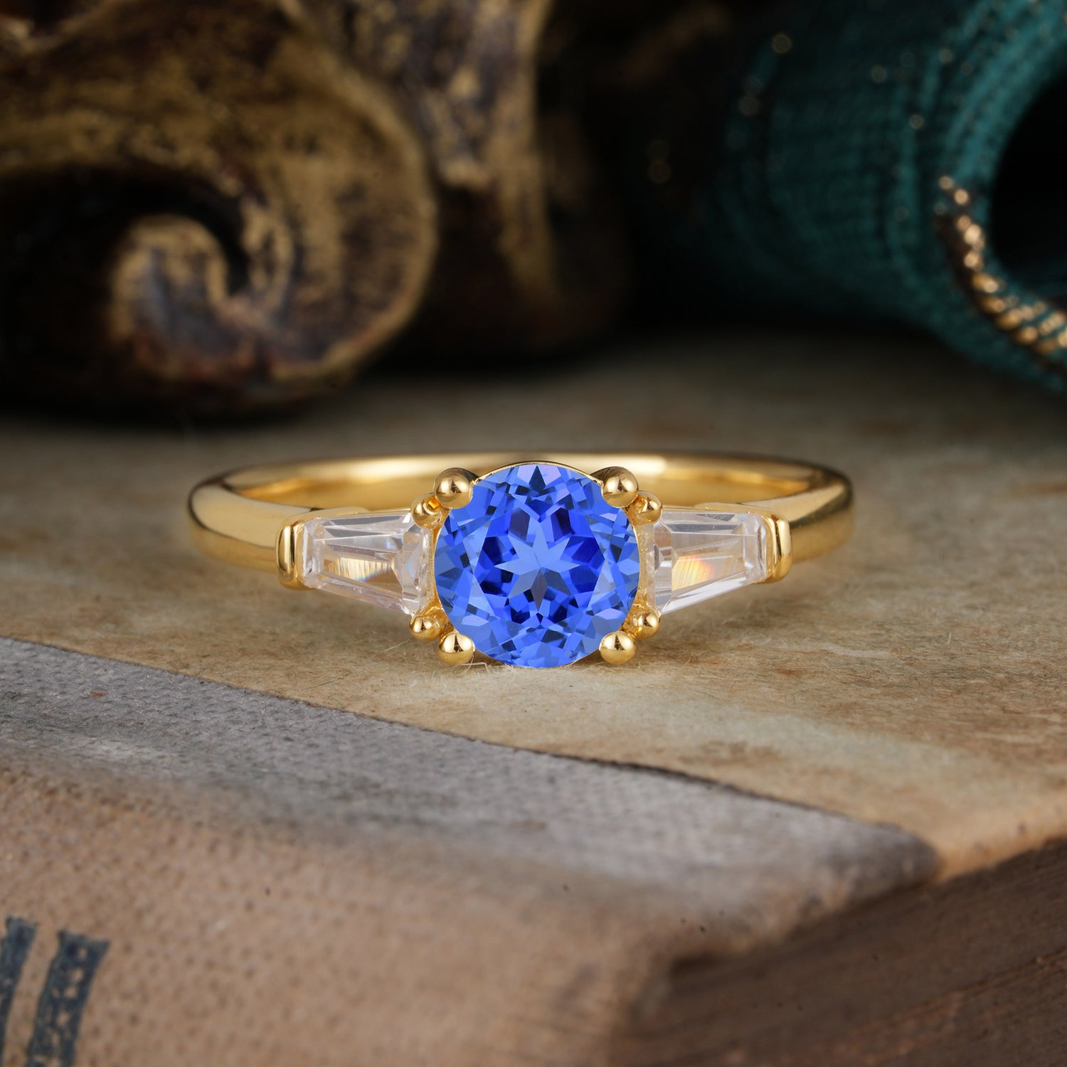 Round Cut Classic Sapphire Engagement Ring Three Stone Engagement Ring - Romalar Jewelry