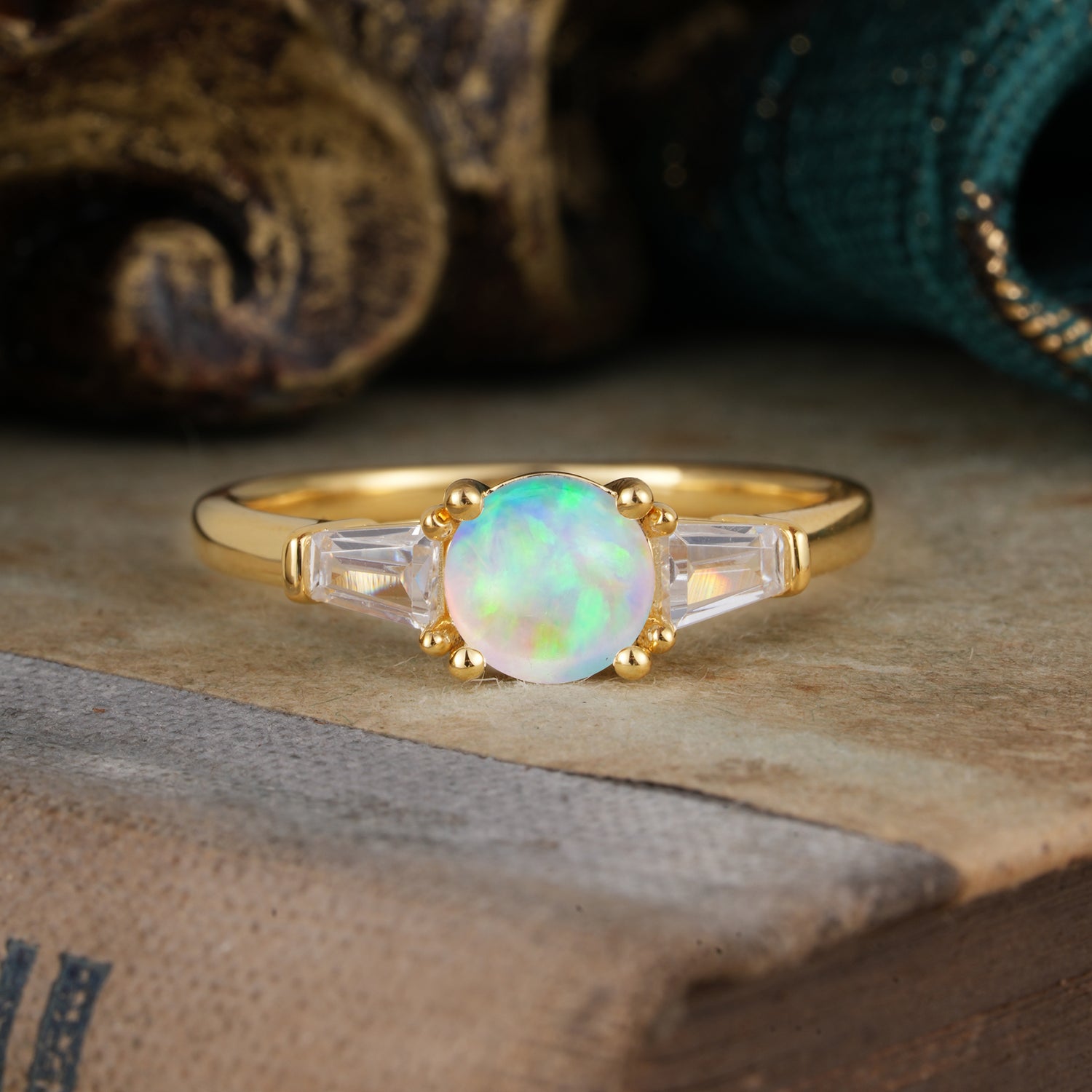 Round Cut Classic Opal Engagement Ring Three Stone Engagement Ring