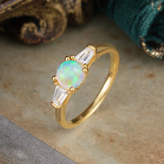Round Cut Classic Opal Engagement Ring Three Stone Wedding Ring
