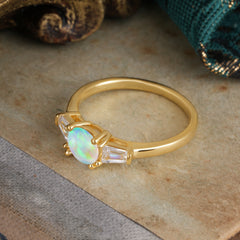 Round Cut Classic Opal Engagement Ring Three Stone Wedding Ring