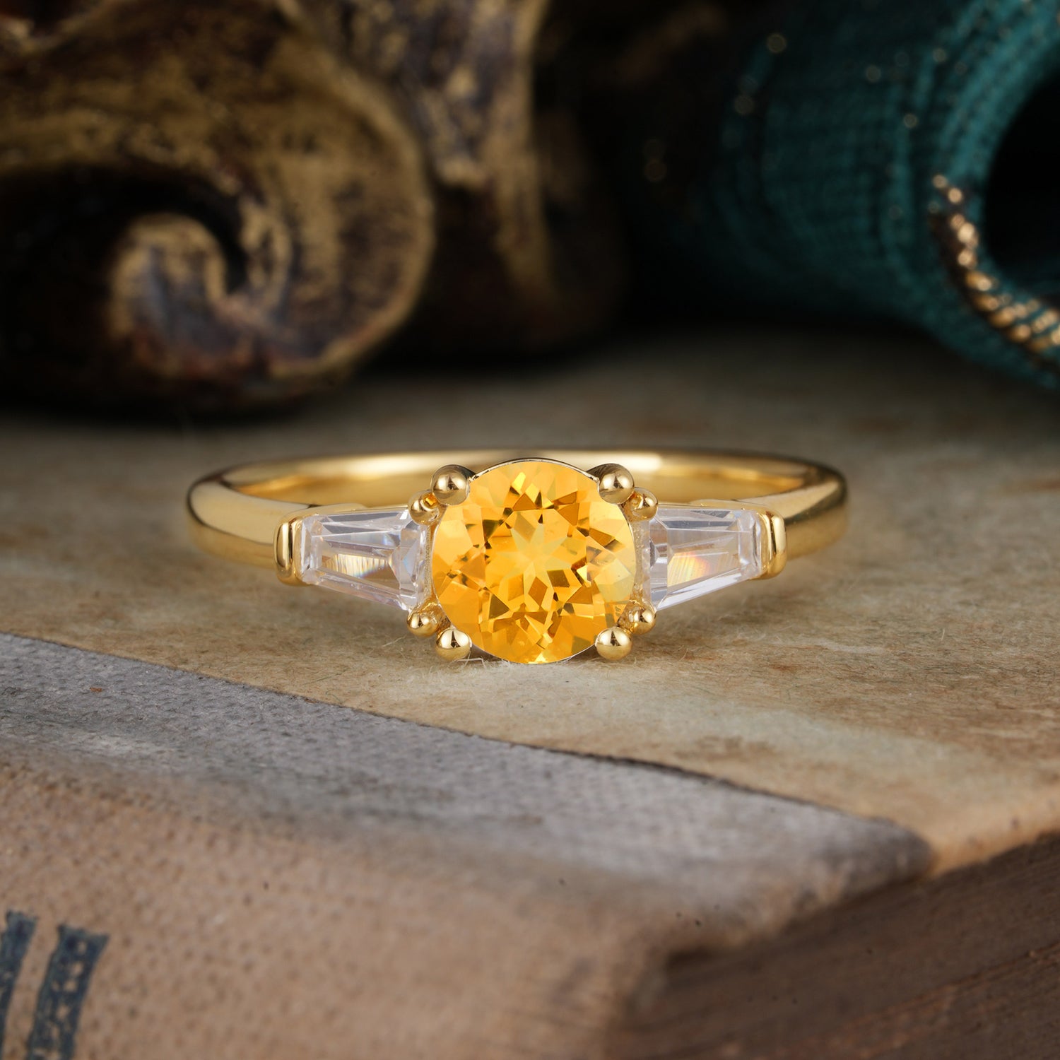 Round Cut Classic Citrine Engagement Ring Three Stone Engagement Ring