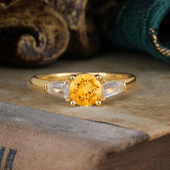 Round Cut Classic Citrine Engagement Ring Three Stone Wedding Ring
