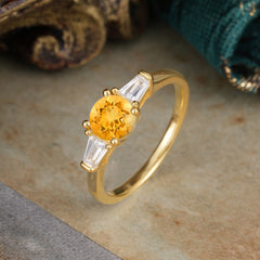 Round Cut Classic Citrine Engagement Ring Three Stone Wedding Ring