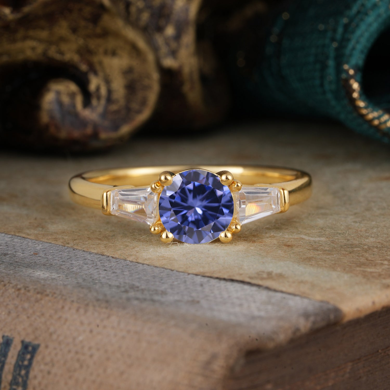 Round Cut Classic Tanzanite Engagement Ring Three Stone Engagement Ring - Romalar Jewelry