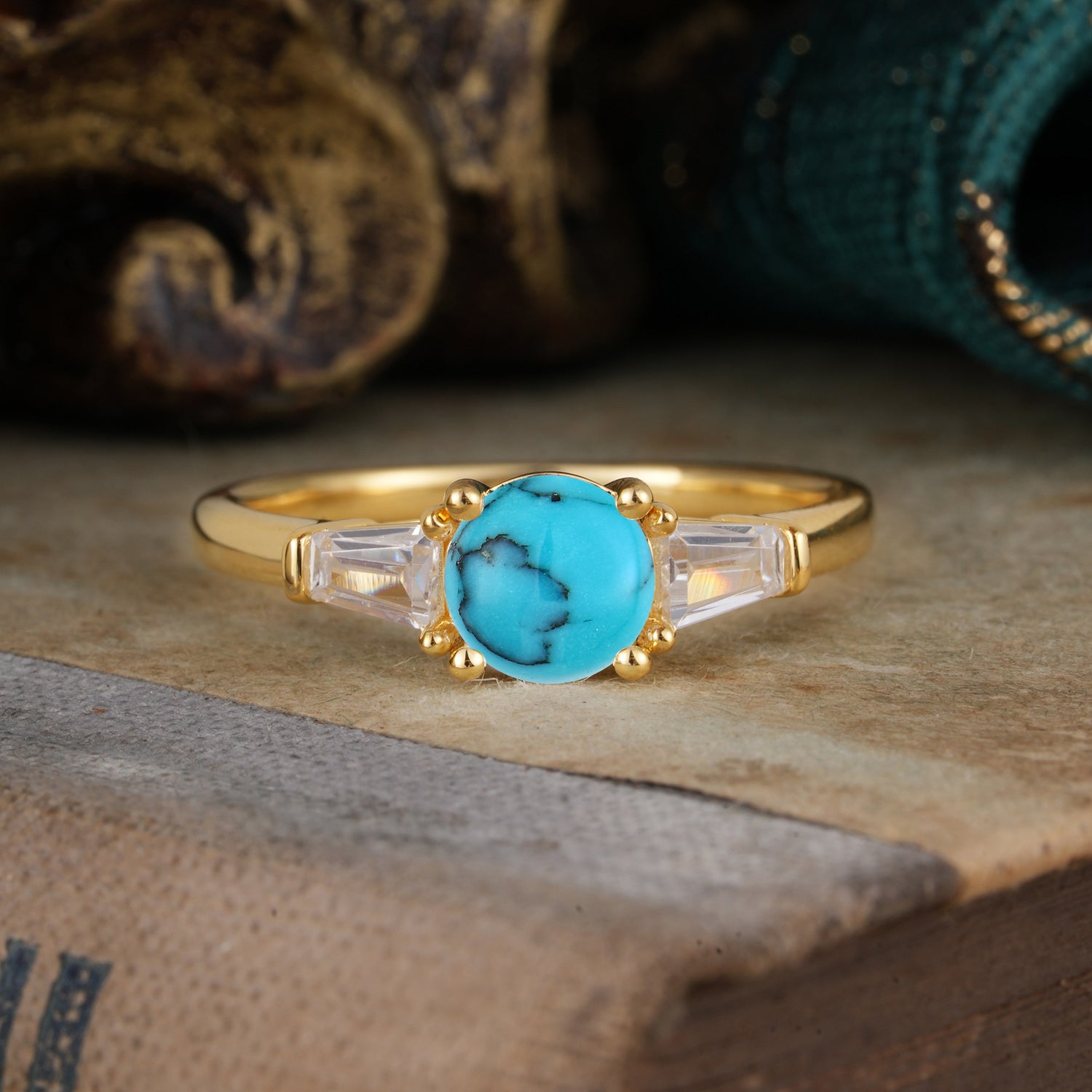 Round Cut Classic Turquoise Engagement Ring Three Stone Engagement Ring