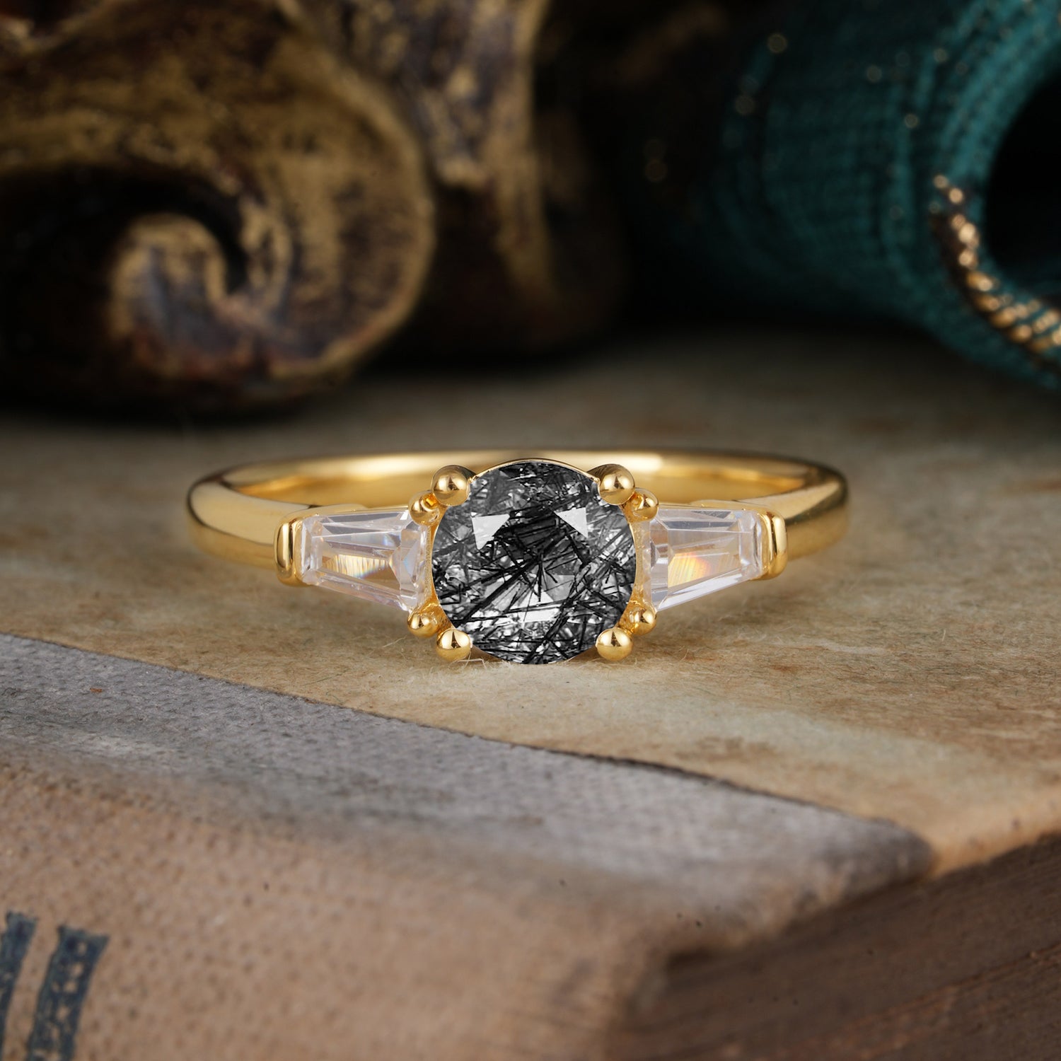 Round Cut Classic Black Rutilated Quartz Engagement Ring Three Stone Engagement Ring