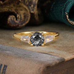 Round Cut Classic Black Rutilated Quartz Engagement Ring Three Stone Wedding Ring