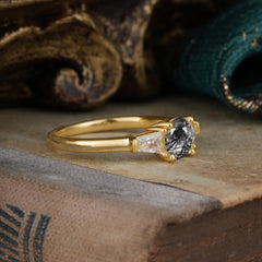 Round Cut Classic Black Rutilated Quartz Engagement Ring Three Stone Wedding Ring