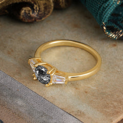 Round Cut Classic Black Rutilated Quartz Engagement Ring Three Stone Wedding Ring