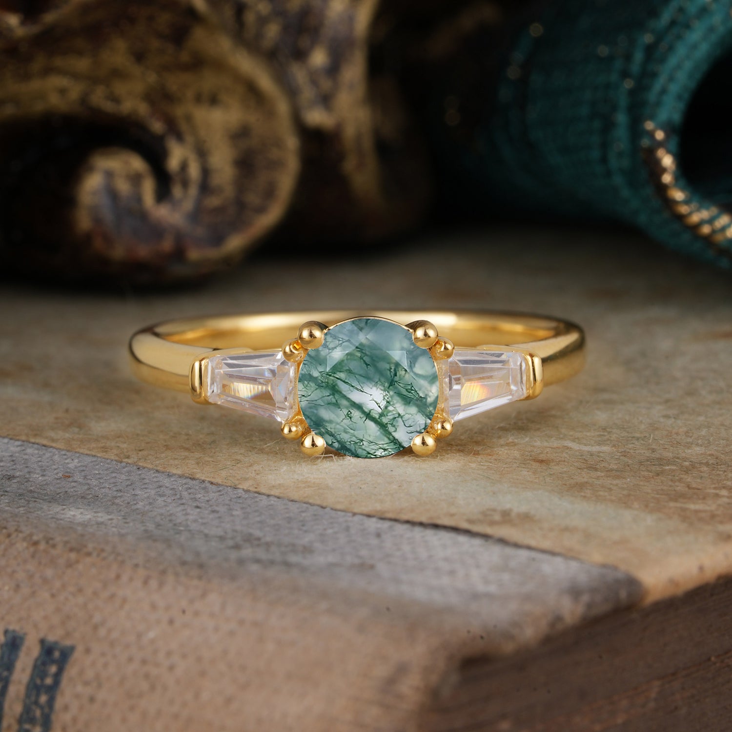 Round Cut Classic Moss Agate Engagement Ring Three Stone Engagement Ring