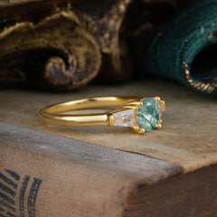 Round Cut Classic Moss Agate Engagement Ring Three Stone Wedding Ring