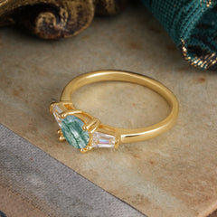 Round Cut Classic Moss Agate Engagement Ring Three Stone Wedding Ring