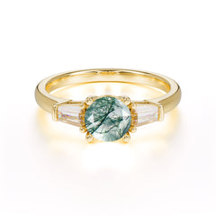 Round Cut Classic Moss Agate Engagement Ring Three Stone Wedding Ring