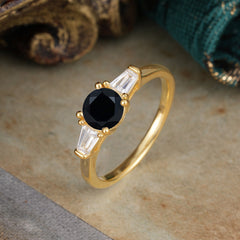 Round Cut Classic Black Onyx Engagement Ring Three Stone Wedding Ring