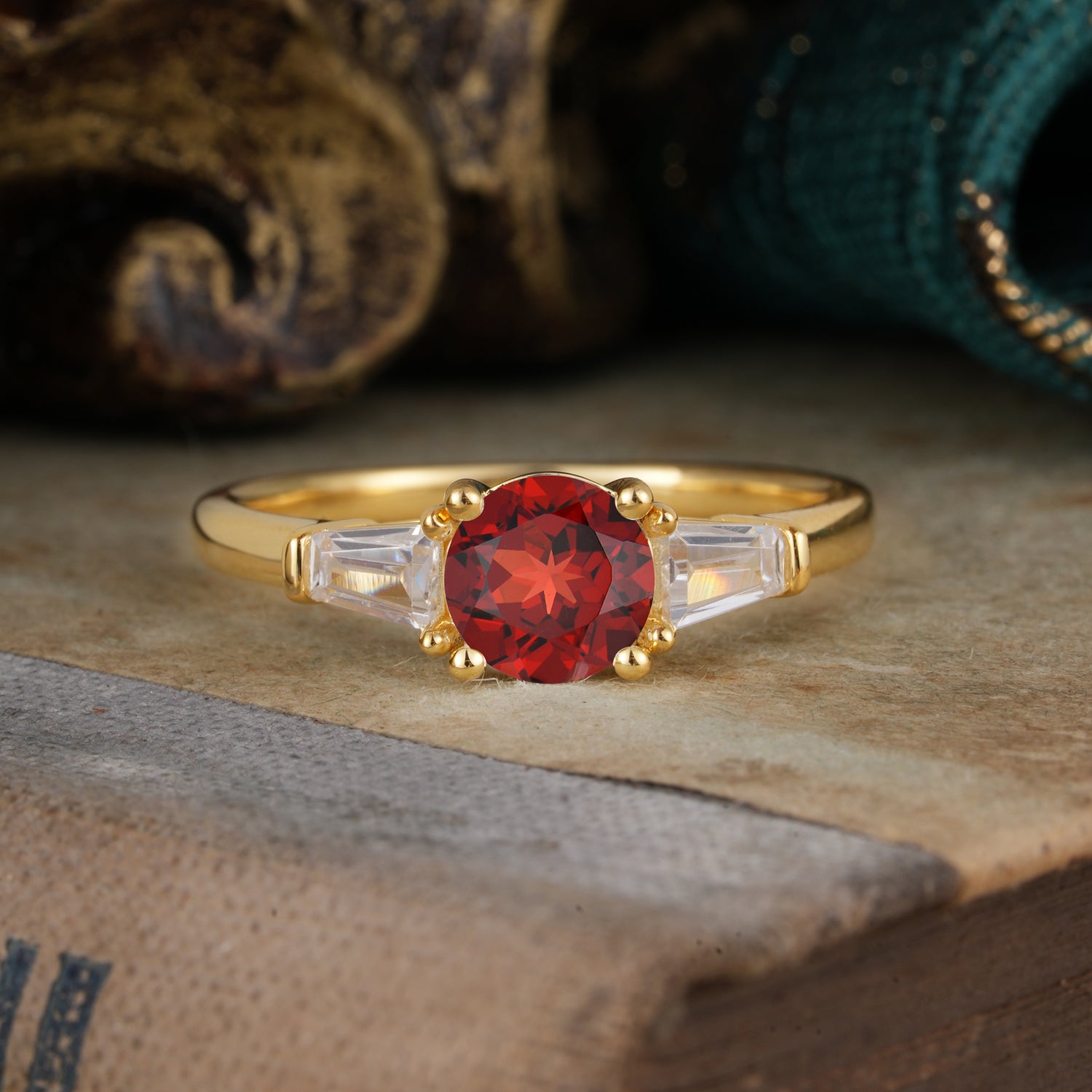 Round Cut Classic Garnet Engagement Ring Three Stone Engagement Ring - Romalar Jewelry