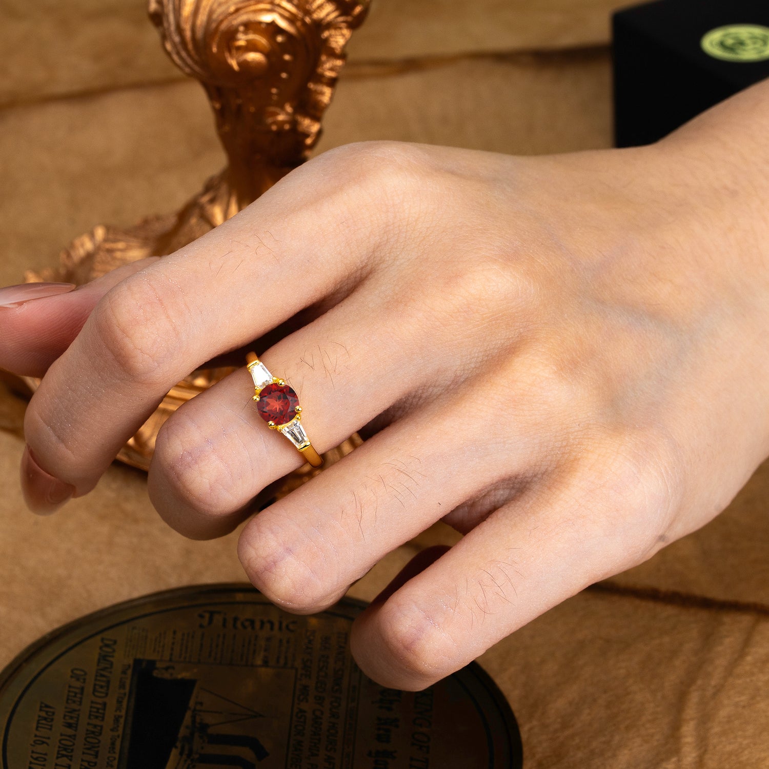 Round Cut Classic Garnet Engagement Ring Three Stone Engagement Ring - Romalar Jewelry