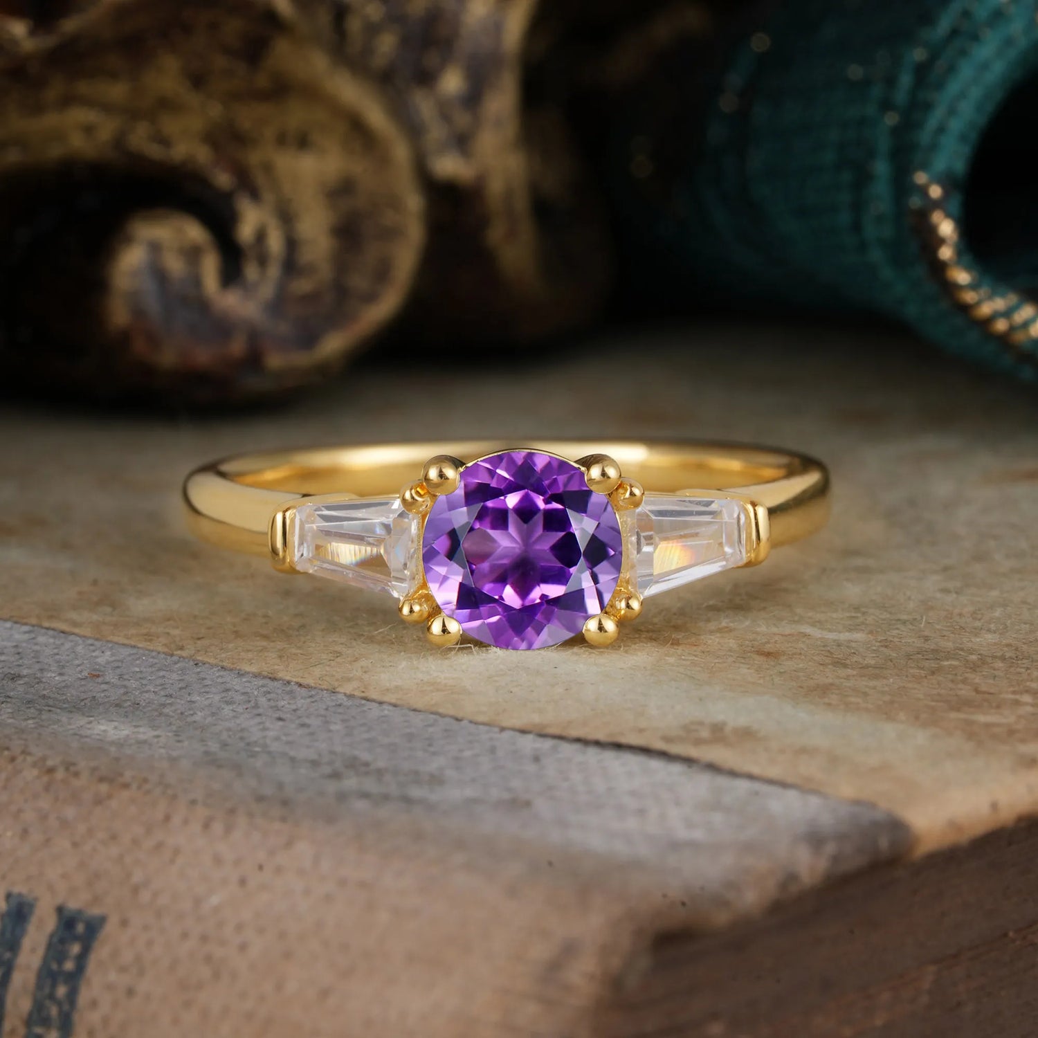 Round Cut Classic Amethyst Engagement Ring Three Stone Engagement Ring
