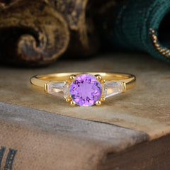 Round Cut Classic Amethyst Engagement Ring Three Stone Wedding Ring
