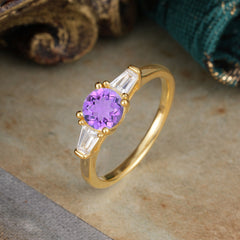 Round Cut Classic Amethyst Engagement Ring Three Stone Wedding Ring
