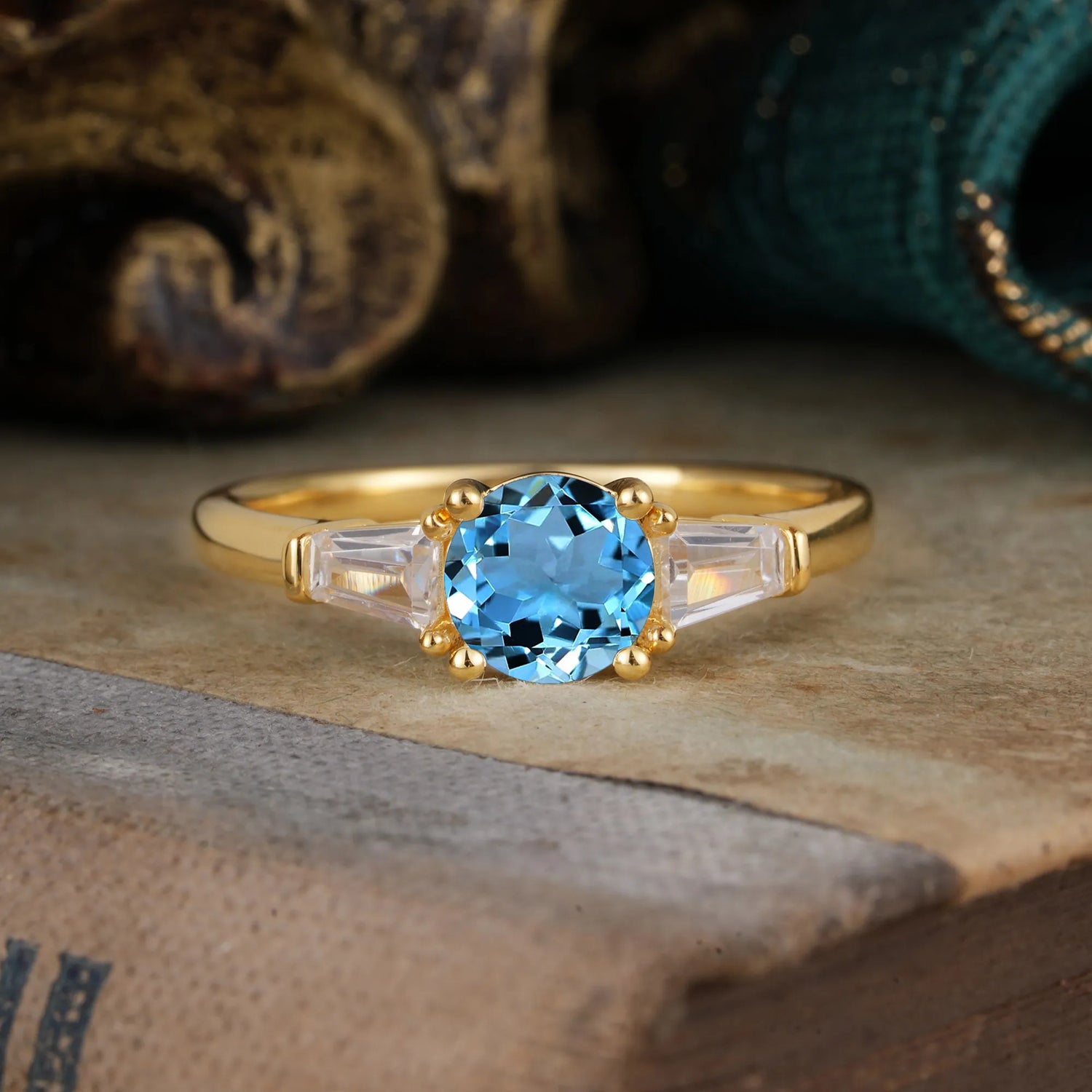 Round Cut Classic Aquamarine Engagement Ring Three Stone Engagement Ring