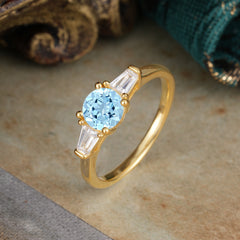 Round Cut Classic Aquamarine Engagement Ring Three Stone Wedding Ring