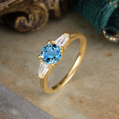 Round Cut Classic Aquamarine Engagement Ring Three Stone Wedding Ring