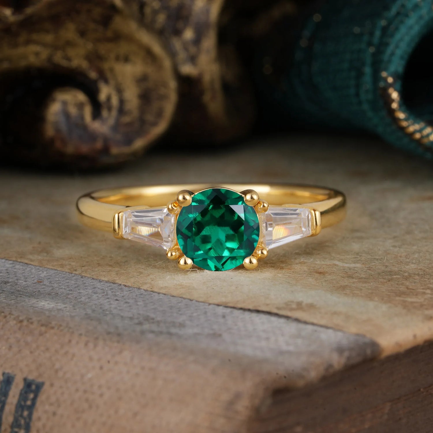 Round Cut Classic Emerald Engagement Ring Three Stone Engagement Ring