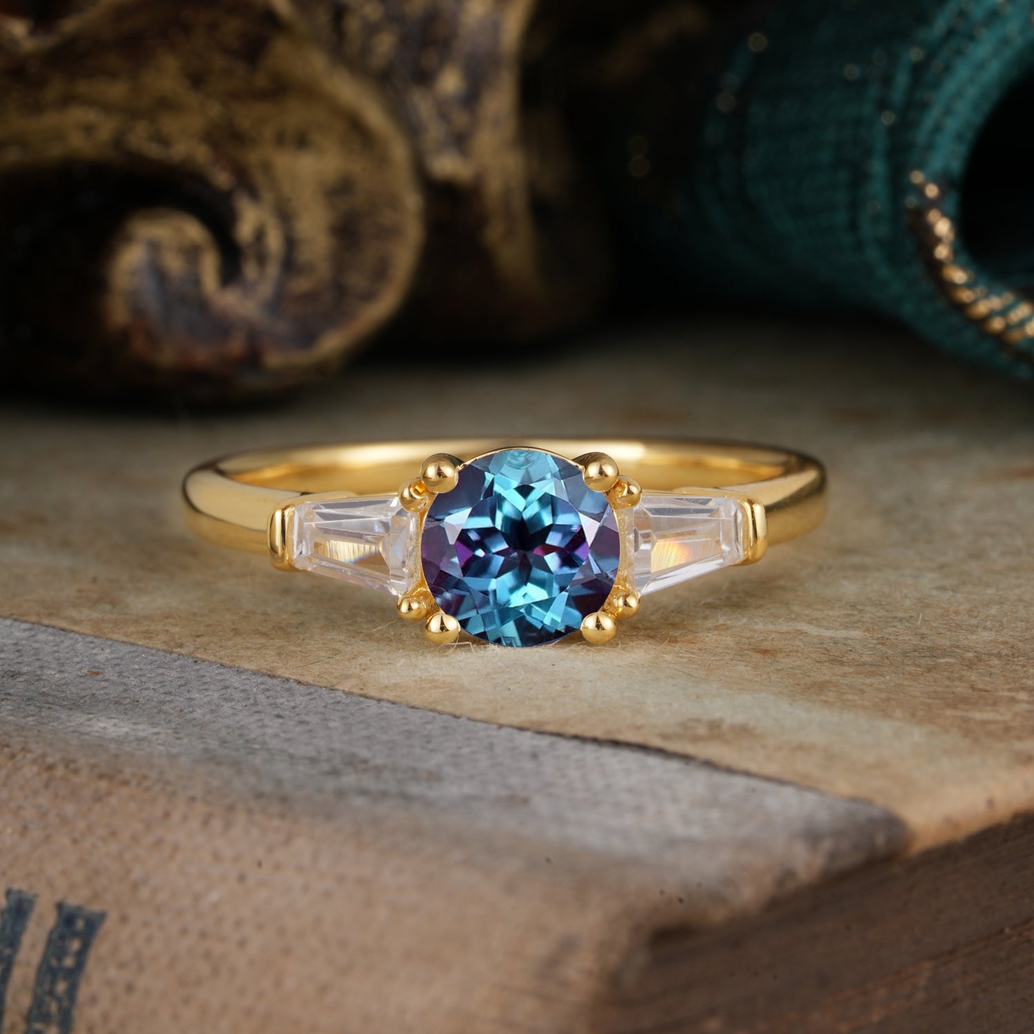 Round Cut Classic Alexandrite Engagement Ring Three Stone Engagement Ring