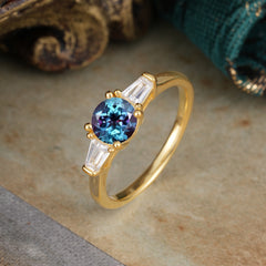 Round Cut Classic Alexandrite Engagement Ring Three Stone Wedding Ring