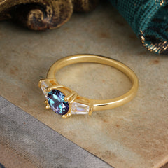 Round Cut Classic Alexandrite Engagement Ring Three Stone Wedding Ring