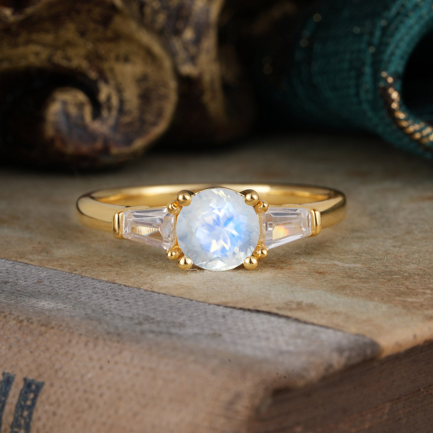Round Cut Classic Natural Moonstone Engagement Ring Three Stone Engagement Ring - Romalar Jewelry
