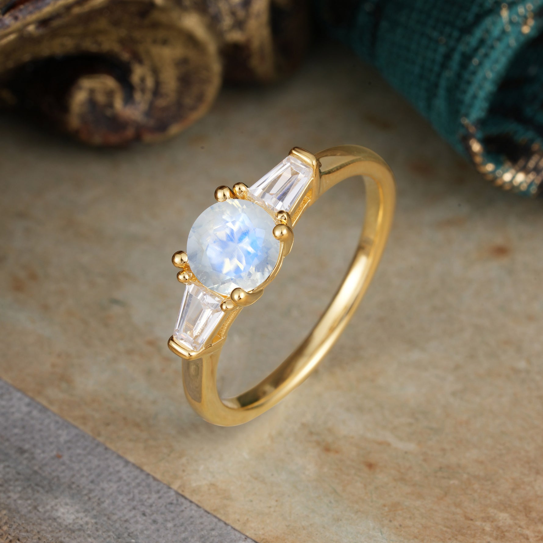 Round Cut Classic Natural Moonstone Engagement Ring Three Stone Engagement Ring - Romalar Jewelry