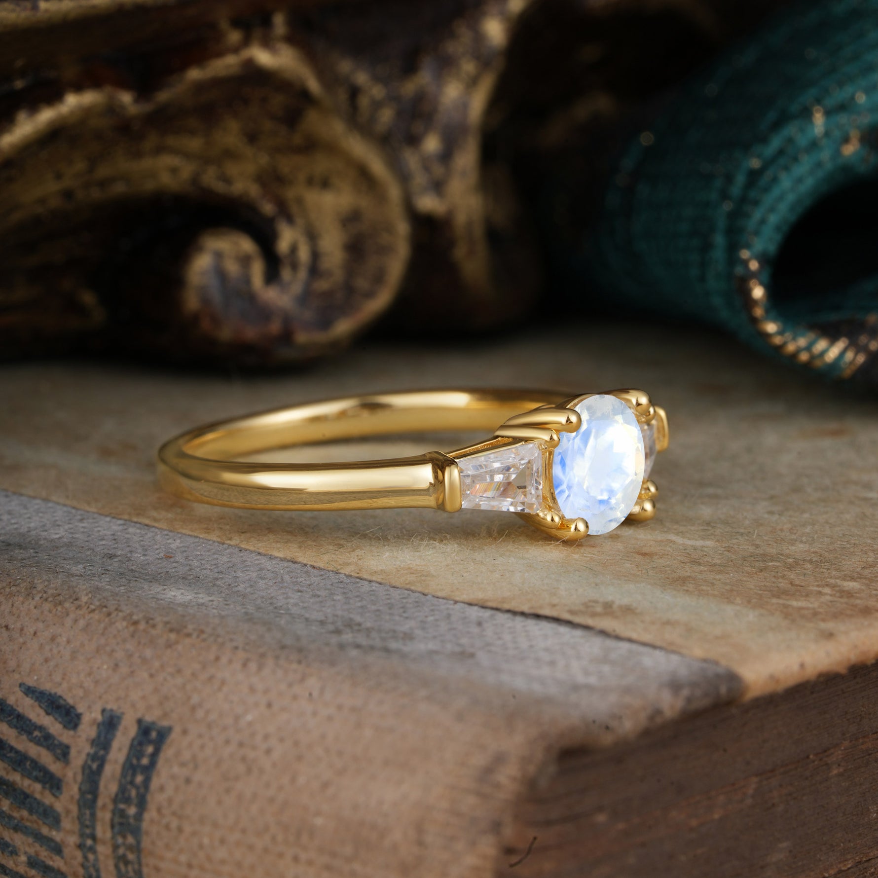 Round Cut Classic Natural Moonstone Engagement Ring Three Stone Engagement Ring - Romalar Jewelry