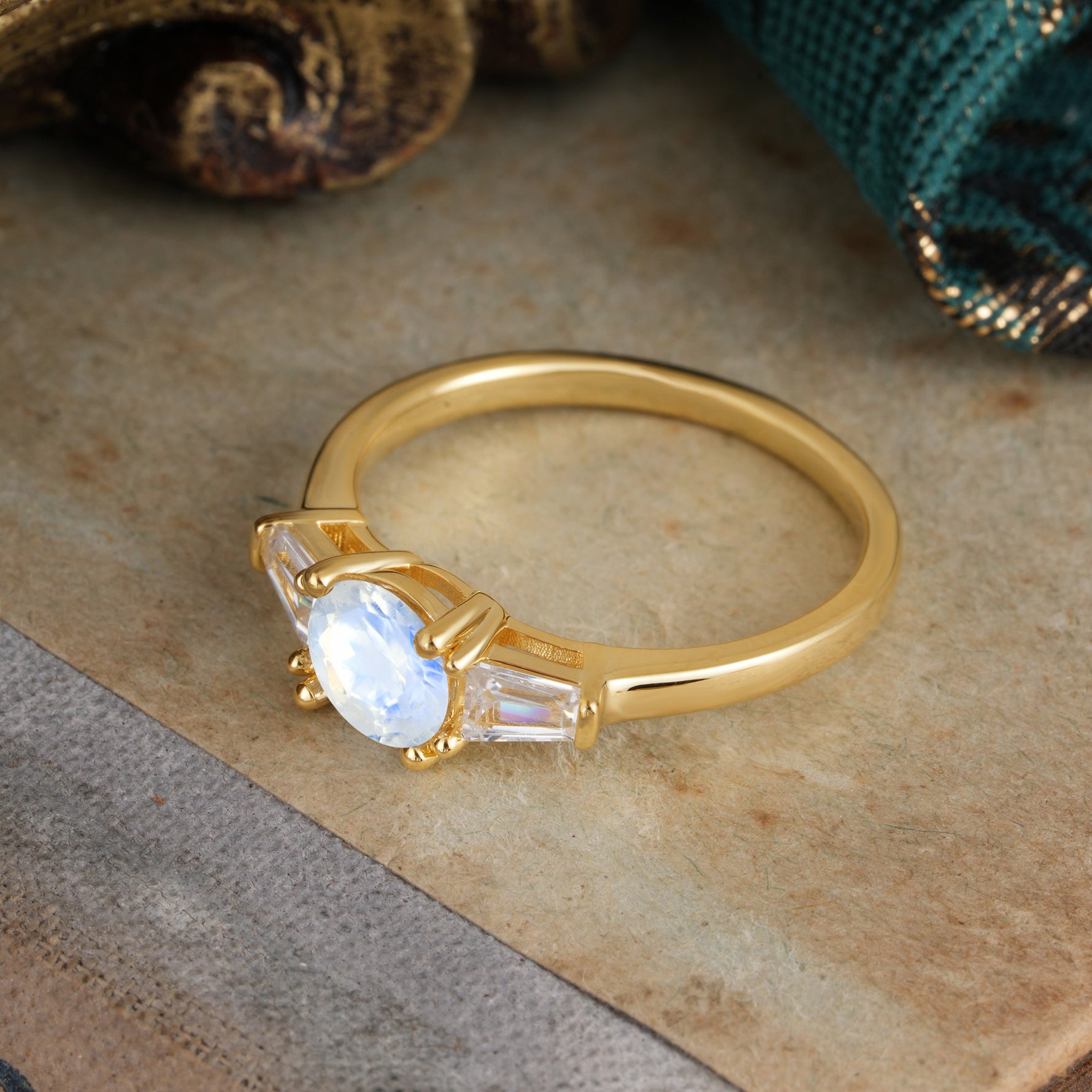 Round Cut Classic Natural Moonstone Engagement Ring Three Stone Engagement Ring - Romalar Jewelry