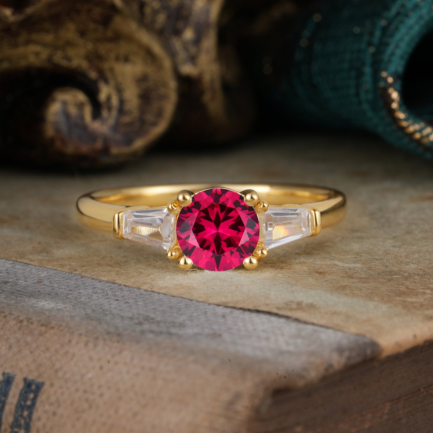 Round Cut Classic Ruby Engagement Ring Three Stone Engagement Ring