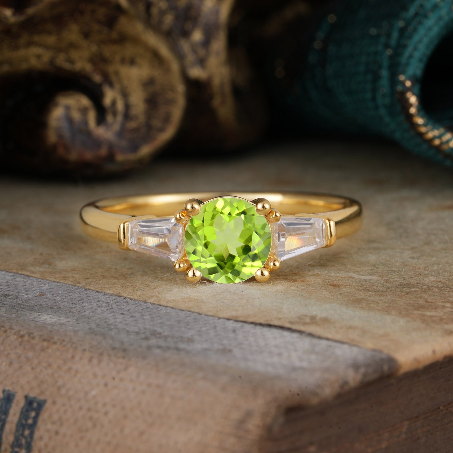 Round Cut Classic Peridot Engagement Ring Three Stone Engagement Ring