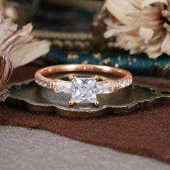 Classic Princess Cut Moissanite Promise Ring Side Stone Bridal Ring