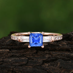Classic Princess Cut Sapphire Promise Ring Side Stone Bridal Ring