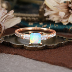 Classic Princess Cut Opal Promise Ring Side Stone Bridal Ring