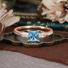 Classic Princess Cut Aquamarine Promise Ring Side Stone Bridal Ring