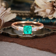 Classic Princess Cut Emerald Promise Ring Side Stone Bridal Ring