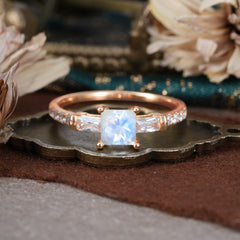 Classic Princess Cut Natural Moonstone Promise Ring Side Stone Bridal Ring
