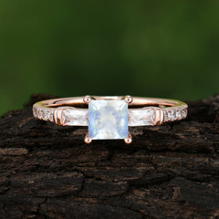Classic Princess Cut Moonstone Promise Ring Side Stone Bridal Ring