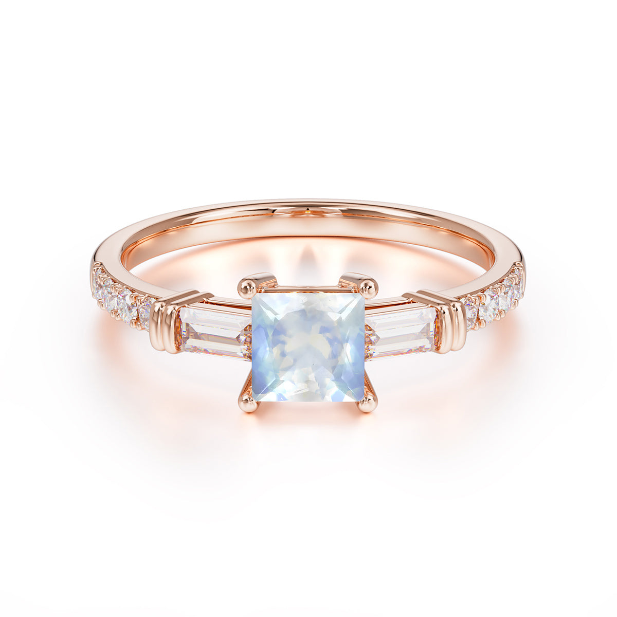 Classic Princess Cut Moonstone Promise Ring Side Stone Bridal Ring