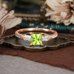 Classic Princess Cut Peridot Promise Ring Side Stone Bridal Ring