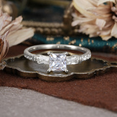 Classic Princess Cut Moissanite Promise Ring Side Stone Bridal Ring