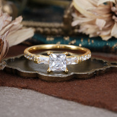 Classic Princess Cut Moissanite Promise Ring Side Stone Bridal Ring